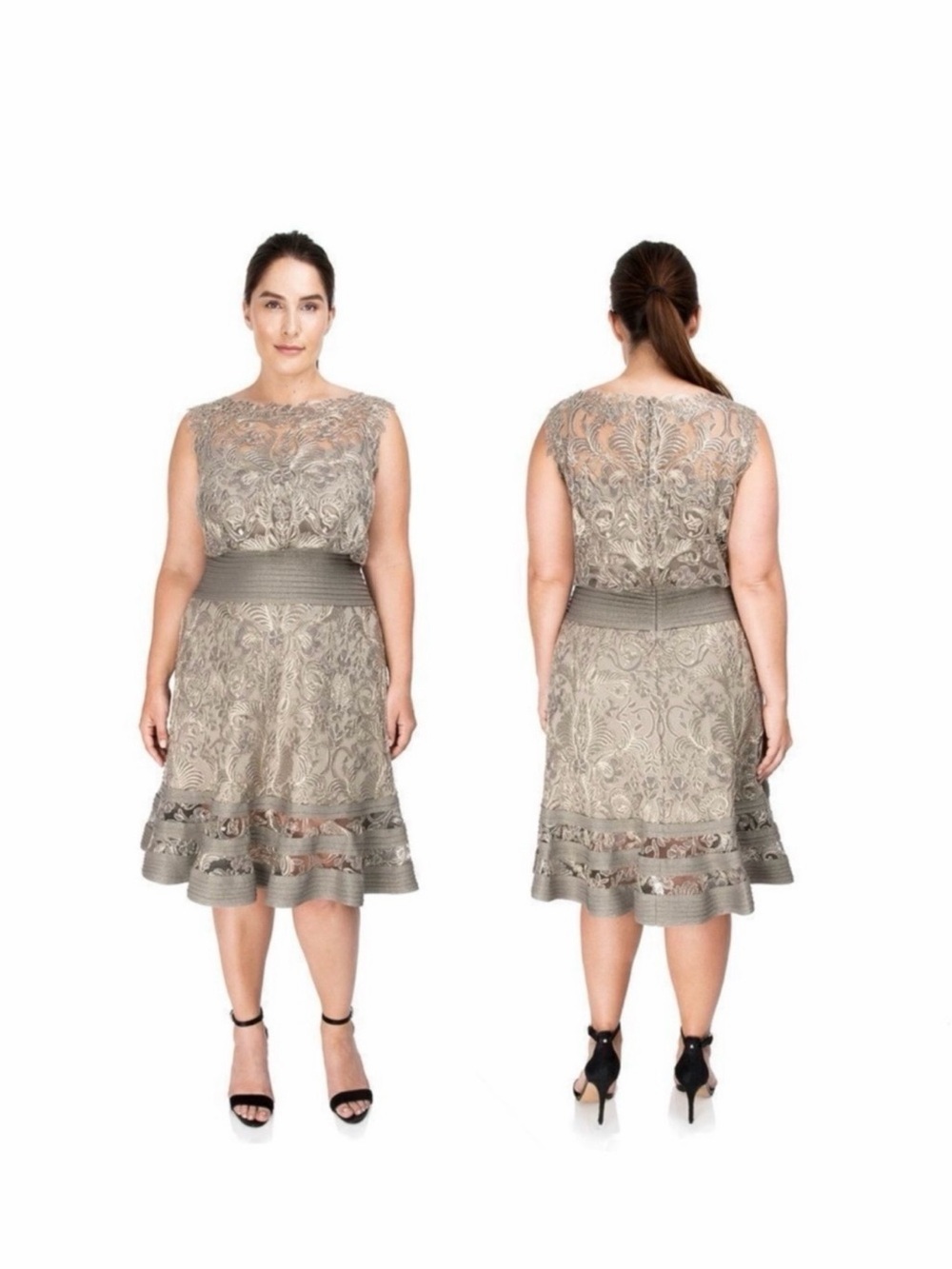 Tadashi Shoji Taupe Lace A-Line Midi Dress